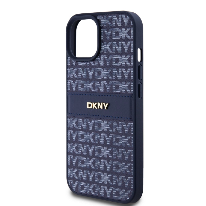 DKNY PU bőr ismétlődő mintás tonális csíkos hátlapi borító iPhone 15 kékhez