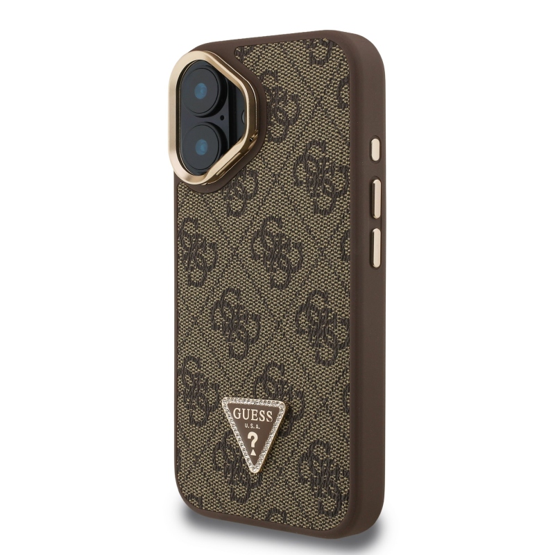 Guess PU 4G Strass háromszög logó állvány kamera keret MagSafe hátlapi borító iPhone 16 barna barna