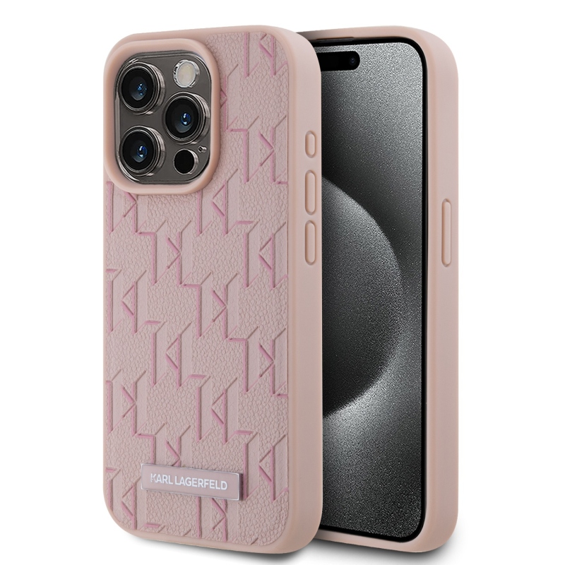Karl Lagerfeld PU bőr monogram fém logó Magsafe hátlap iPhone 15 Pro Max rózsaszínű iPhone 15 Pro Max számára