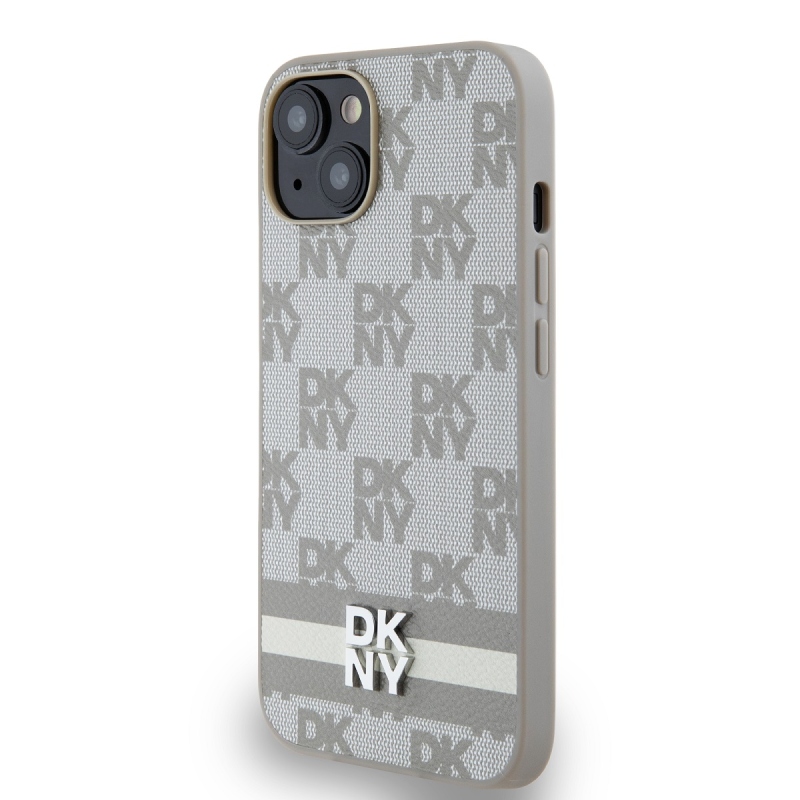 DKNY PU bőr kockás mintás és csíkos hátlapi borító iPhone 14 bézs színűre