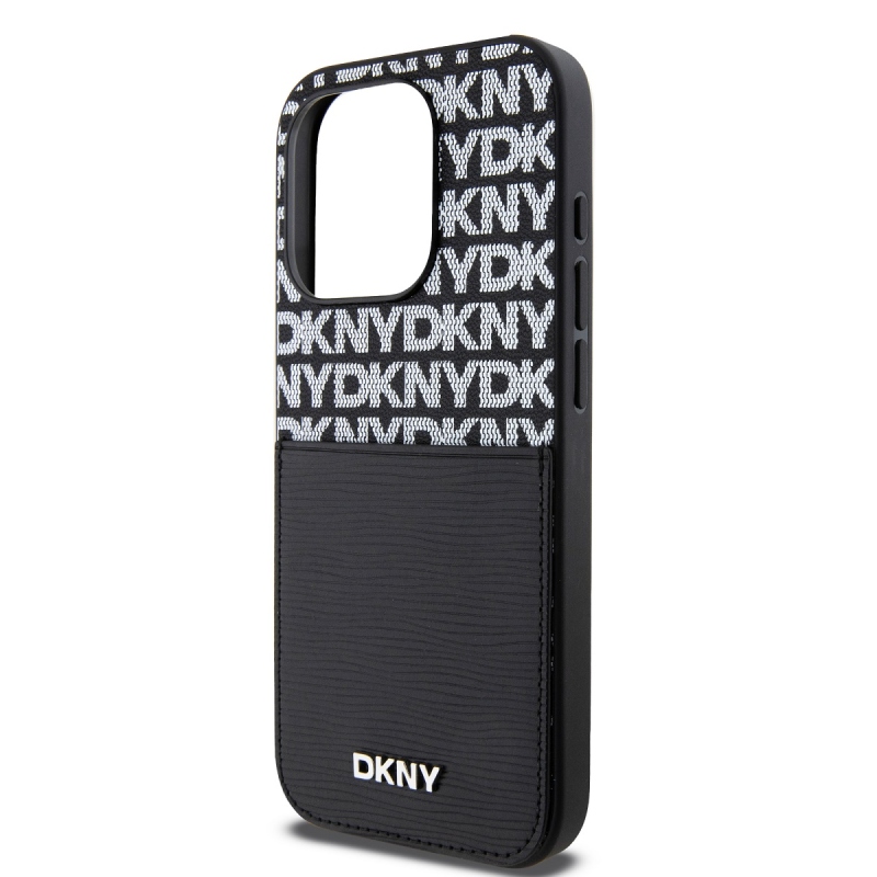 DKNY PU bőr Ismétlődő mintás kártya zseb hátsó borító iPhone 14 Pro Max-hoz Fekete