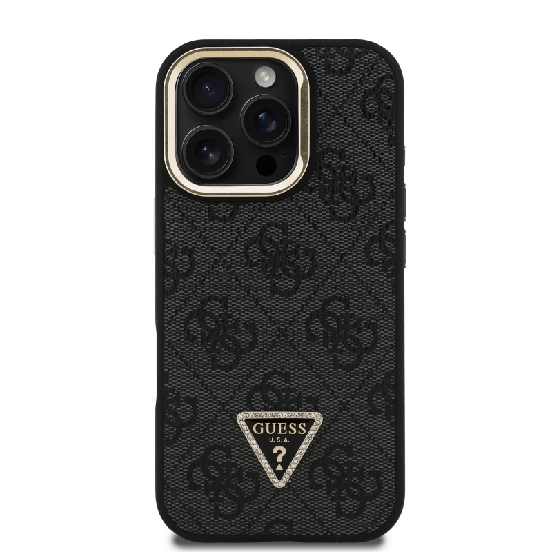 Guess PU 4G Strass háromszög logó állvány kamerakeret MagSafe hátlapi borító iPhone 16 Pro Max-hoz Fekete