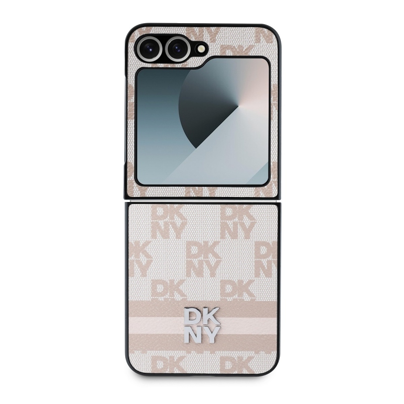 DKNY PU bőr kockás mintás és csíkos hátsó borító Samsung Galaxy Z Flip 6 rózsaszínűhöz