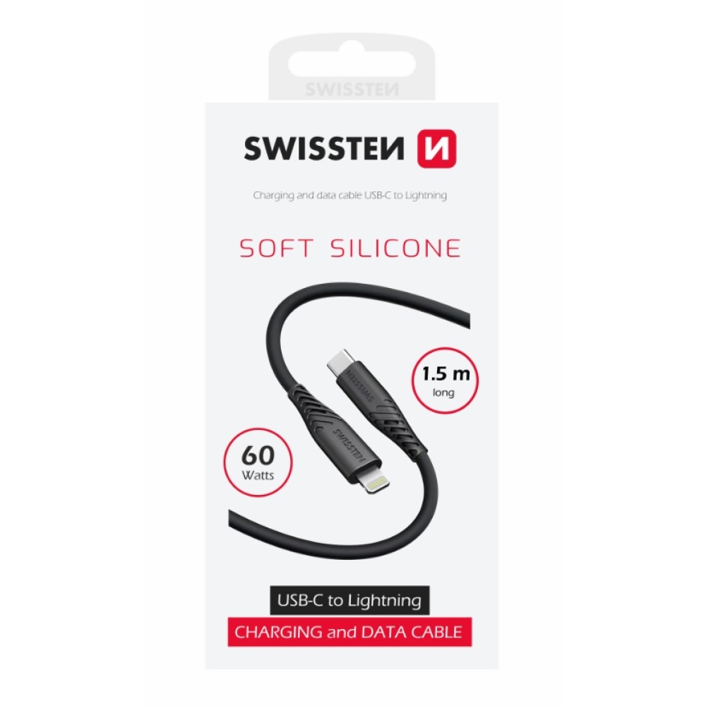 Swissten adatkábel Puha szilikon USB-C/Lightning 60W 1.5m - Fekete