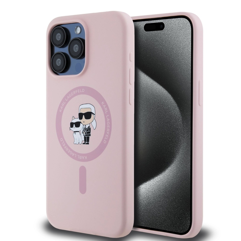 Karl Lagerfeld Folyékony szilikon Karl és Choupette Magsafe hátlap iPhone 15 Pro Max rózsaszínű készülékhez