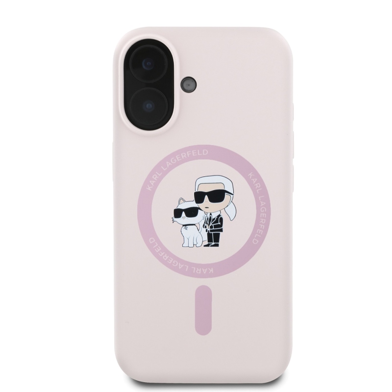 Karl Lagerfeld folyékony szilikon Karl és Choupette MagSafe hátlapi borító iPhone 16 rózsaszínhez