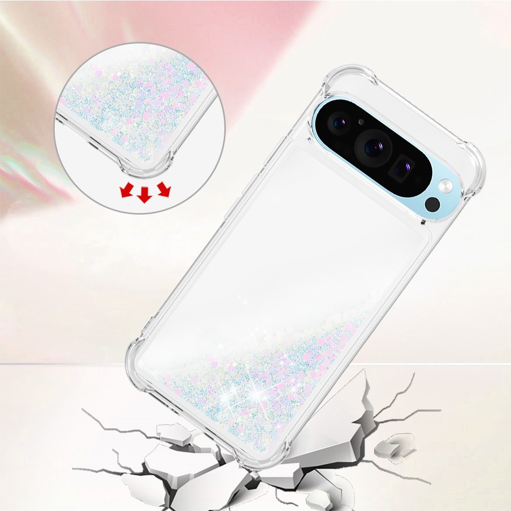 Csillogó homokóra zselés tok Google Pixel 10 Pro/Pixel 10 - rózsaszín/ezüst/szívecske