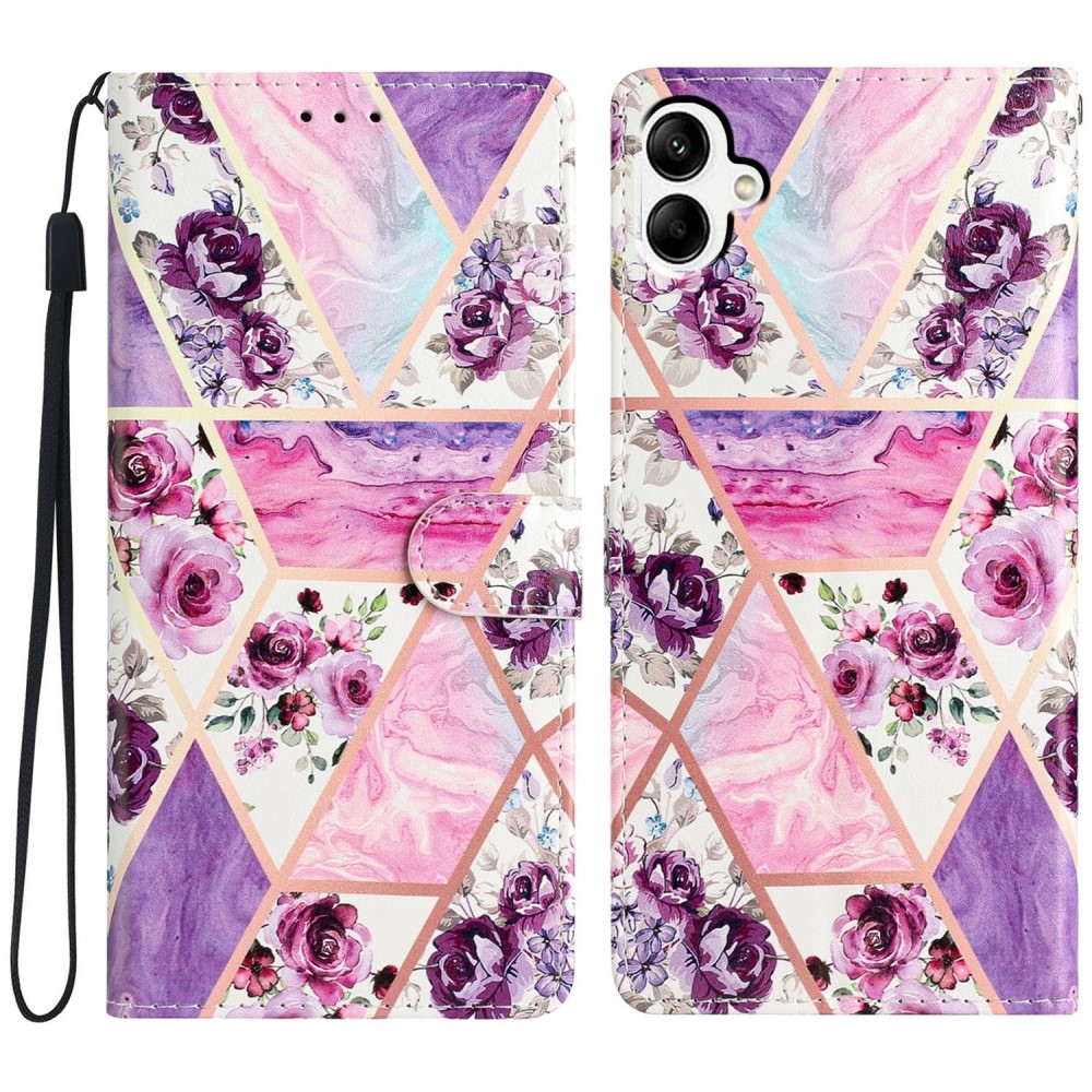 Egyedi könyvtáska Samsung Galaxy A06 4G - lila virágokhoz