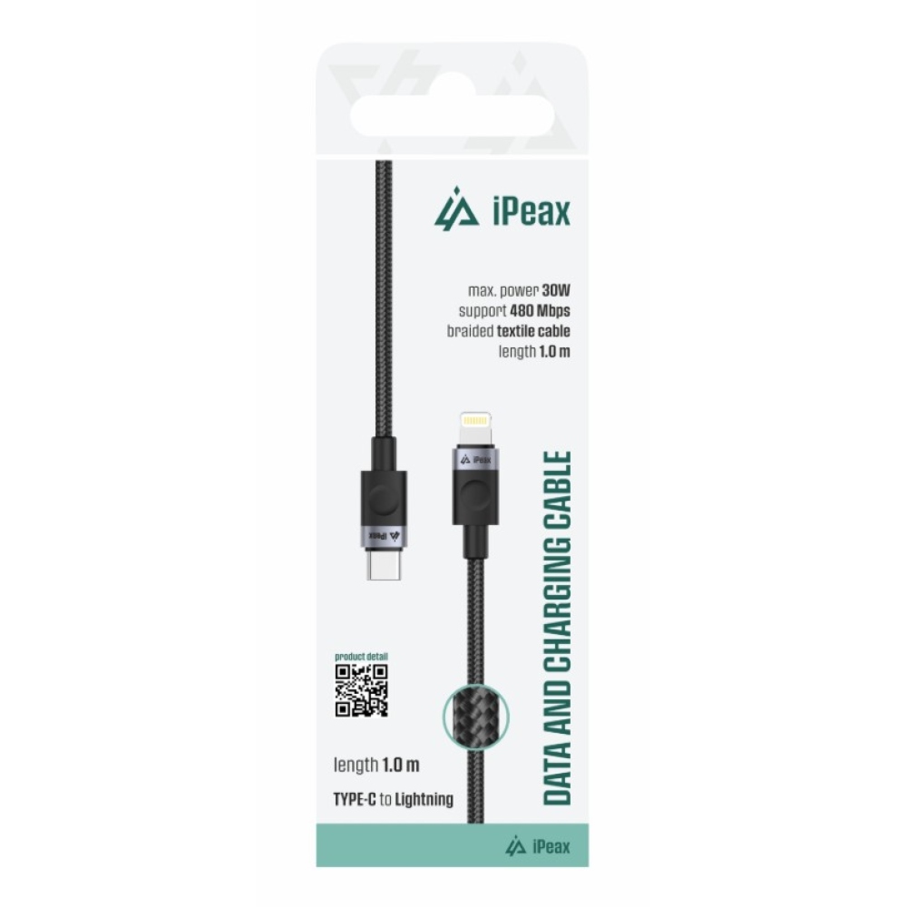 iPEAX Textil kábel USB-C / villám 1 m, USB 2.0 - fekete