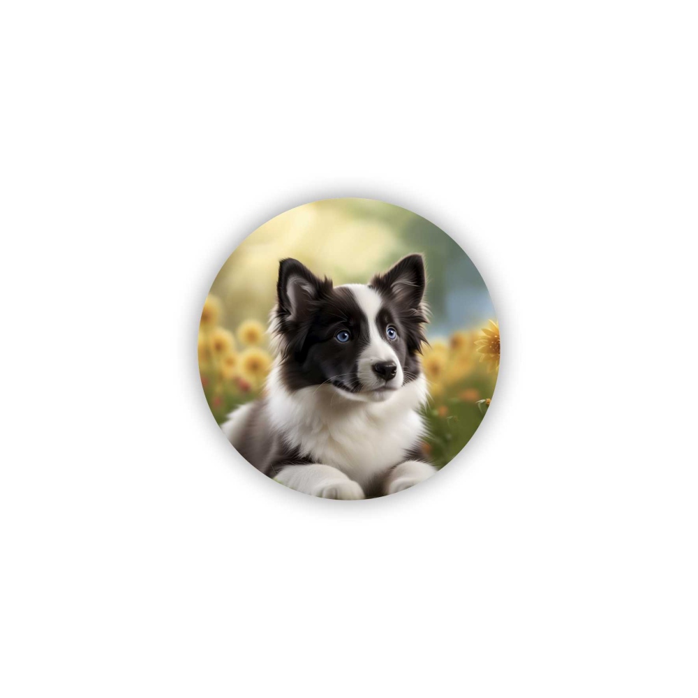 65x65mm-es kör alakú mágnes - border collie virágokban