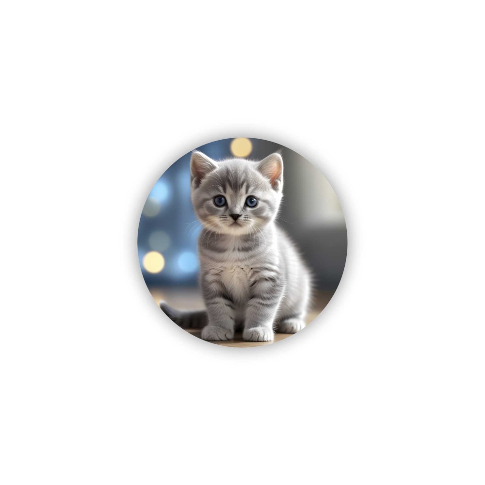 65x65mm-es kör alakú mágnes - aranyos szürke cica