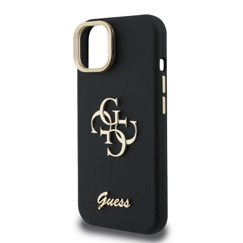Guess PU szemcsés 4G Logo Stand Kamera keret hátlapi borító iPhone 13-hoz Fekete