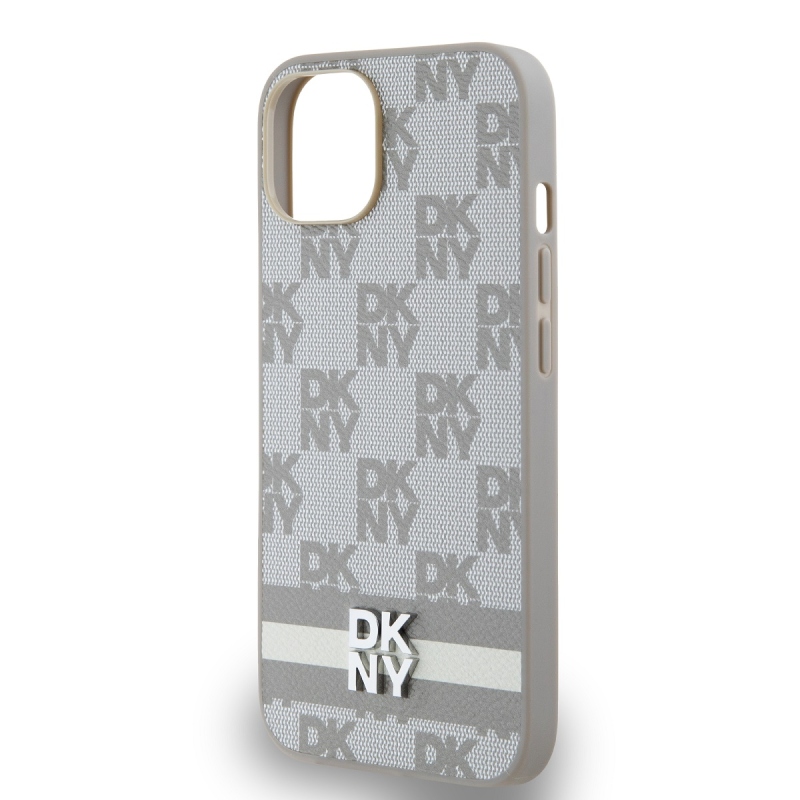 DKNY PU bőr kockás mintás és csíkos hátlapi borító iPhone 14 bézs színűre