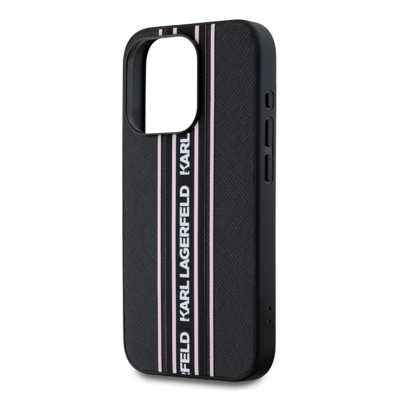 Karl Lagerfeld PU Saffiano Athleisure csíkos és pántos hátlap iPhone 15 Pro Max rózsaszínű készülékhez