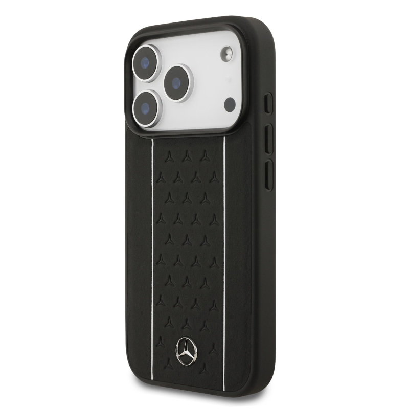 Mercedes Bőr csillagmintás és csíkos MagSafe hátlap iPhone 17 Pro fekete/fehér színű borítóhoz