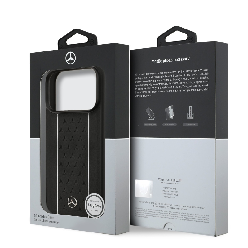 Mercedes Bőr csillagmintás és csíkos MagSafe hátlap iPhone 17 Pro fekete/fehér színű borítóhoz