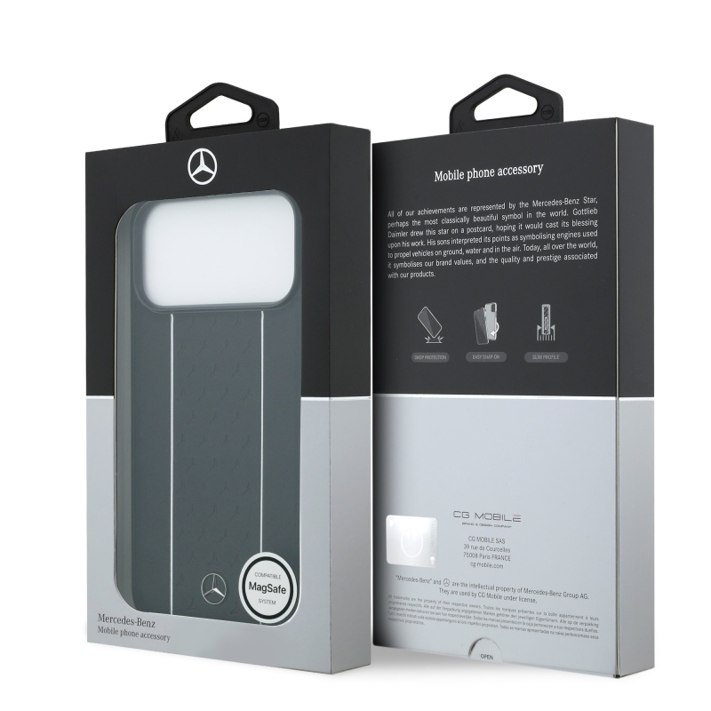 Mercedes Bőr csillagmintás és csíkos MagSafe hátlap iPhone 17 Pro Max fekete/fehér színű bőrborításhoz