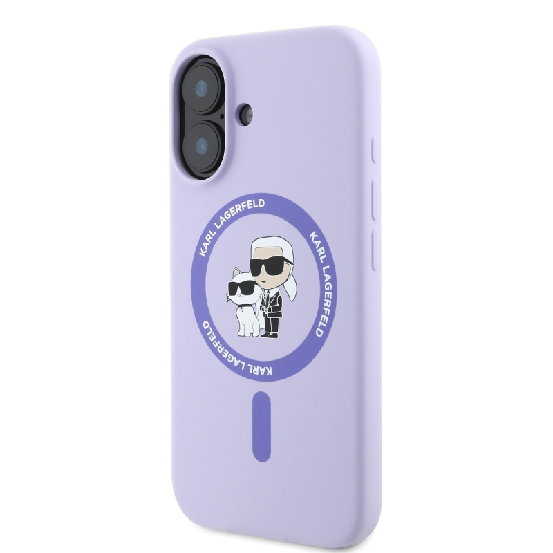 Karl Lagerfeld folyékony szilikon Karl és Choupette MagSafe hátlap iPhone 16 lila iPhone 16-hoz