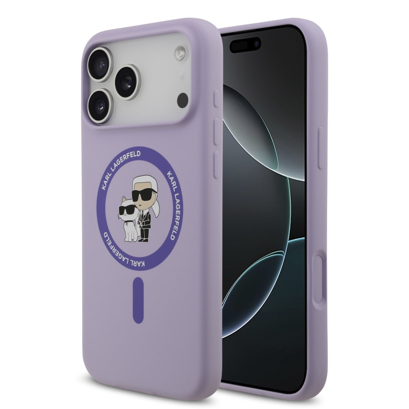 Karl Lagerfeld folyékony szilikon Karl és Choupette MagSafe hátlapi borító iPhone 17 Pro Max lila színhez