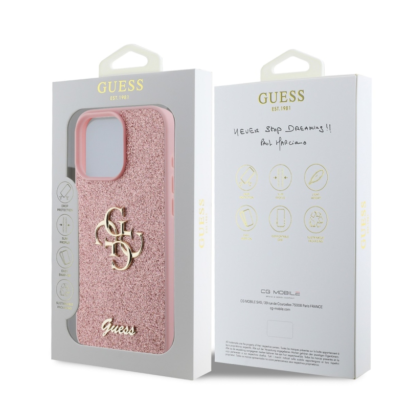 Guess PU Fixed Glitter 4G fém logós hátlap iPhone 16 Pro rózsaszínhez