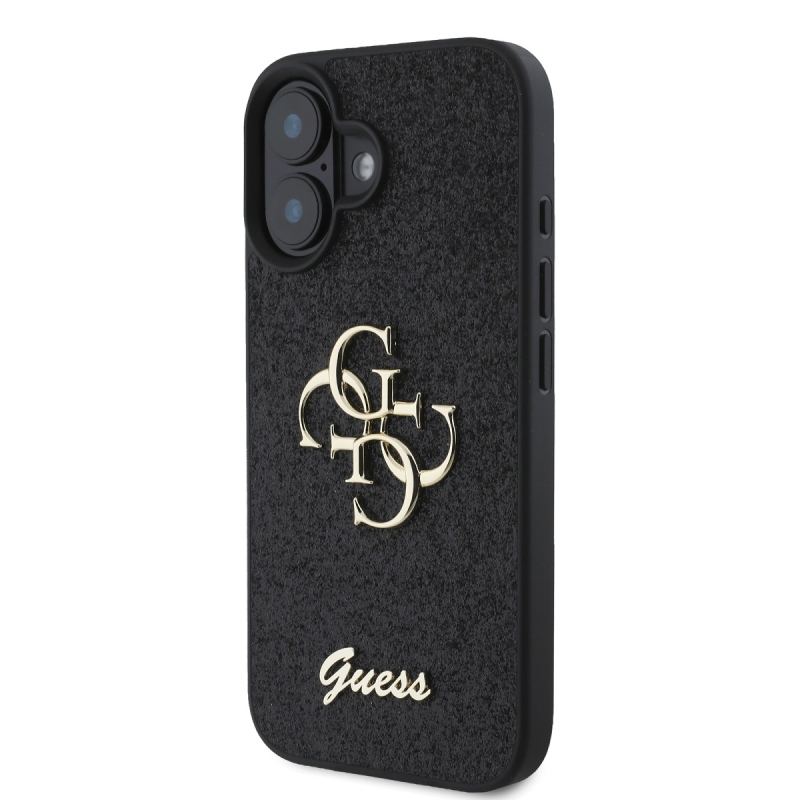 Guess PU Fixed Glitter 4G fém logó hátlap iPhone 16-hoz Fekete