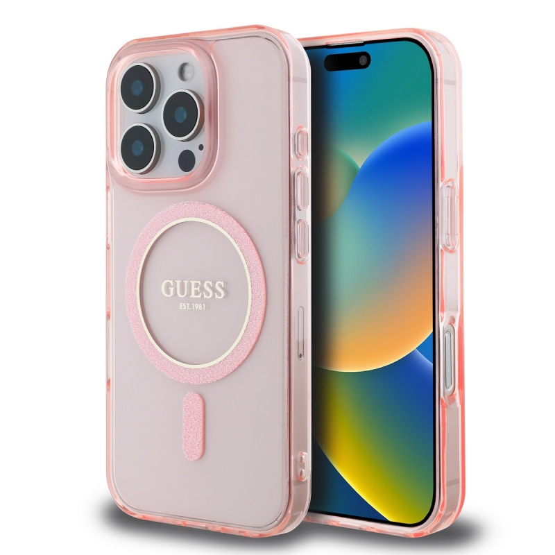 Guess IML Glitter Ring MagSafe hátlap iPhone 16 Pro rózsaszínű iPhone 16 Pro készülékhez