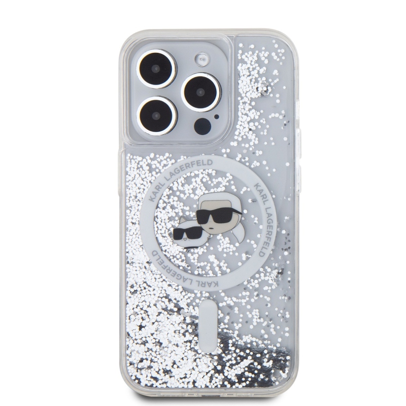 Karl Lagerfeld folyékony csillogó Karl és Choupette fejek MagSafe hátlap iPhone 15 Pro átlátszóhoz