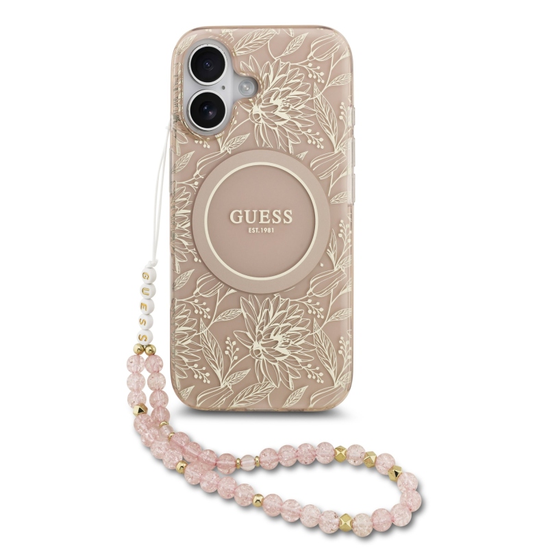 Guess IML virágok Allover Strap MagSafe hátlapi borító iPhone 17 rózsaszínhez