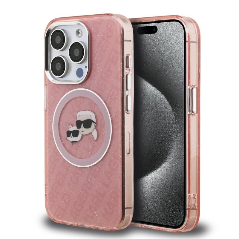 Karl Lagerfeld IML K&CH Heads Ismételt logó MagSafe hátlapi borító iPhone 15 Pro Max rózsaszínhez