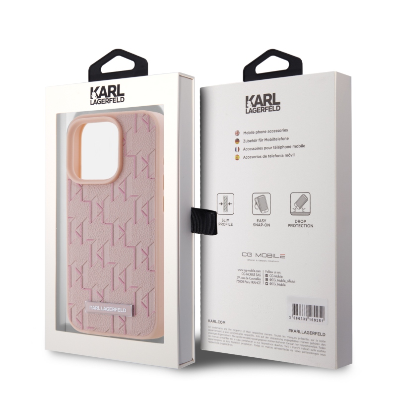 Karl Lagerfeld PU bőr monogram fém logó Magsafe hátlap iPhone 15 Pro Max rózsaszínű iPhone 15 Pro Max számára