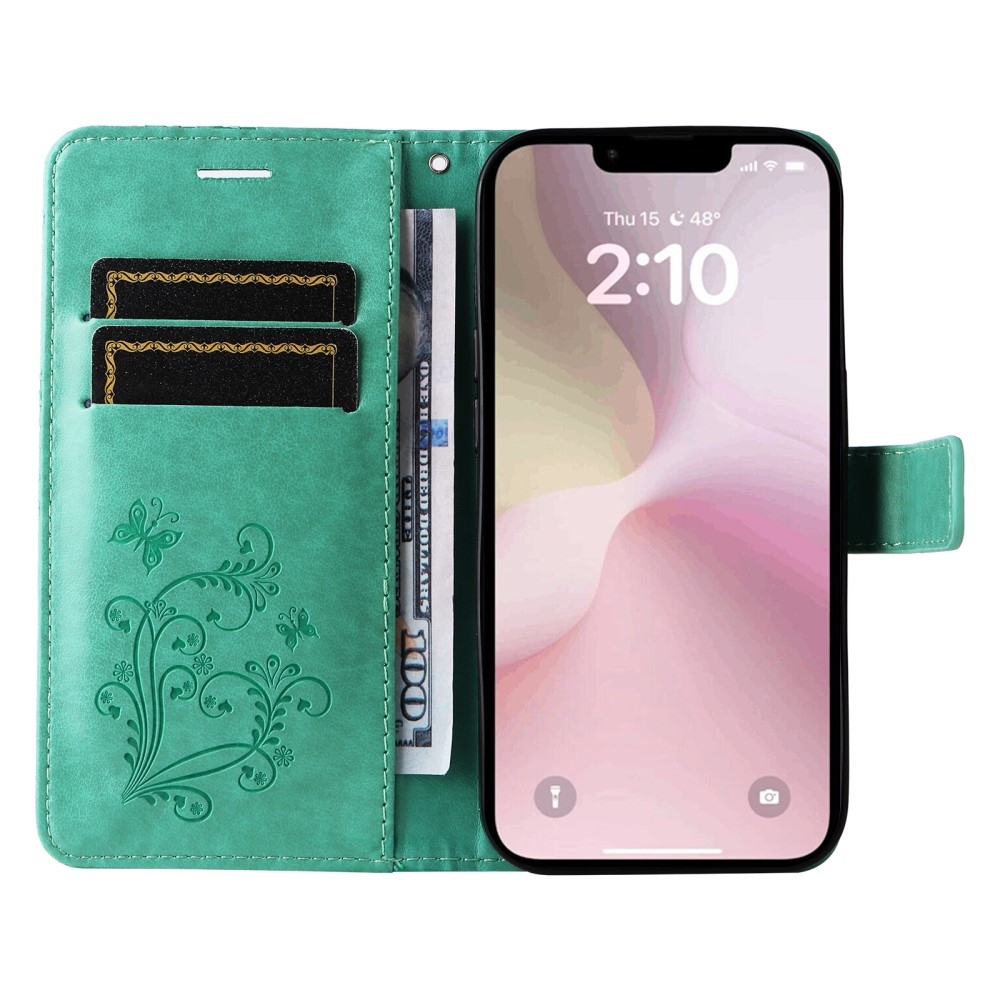 Nagy pillangó könyvtáska iPhone 16e készülékhez - kékeszöld színű