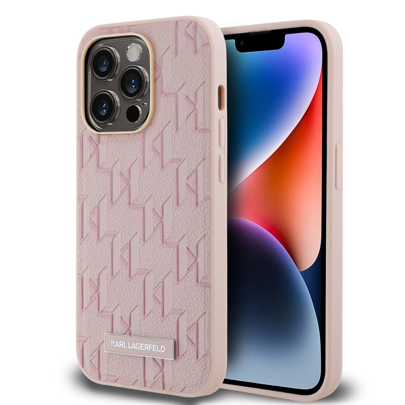 Karl Lagerfeld PU bőr monogram fém logó Magsafe hátlap iPhone 14 Pro Max rózsaszínhez