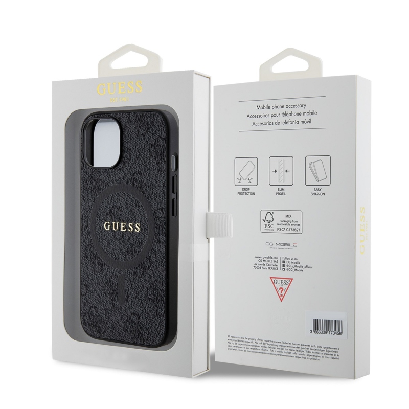Guess PU bőr 4G színes gyűrűs MagSafe hátlap iPhone 15-hez Fekete