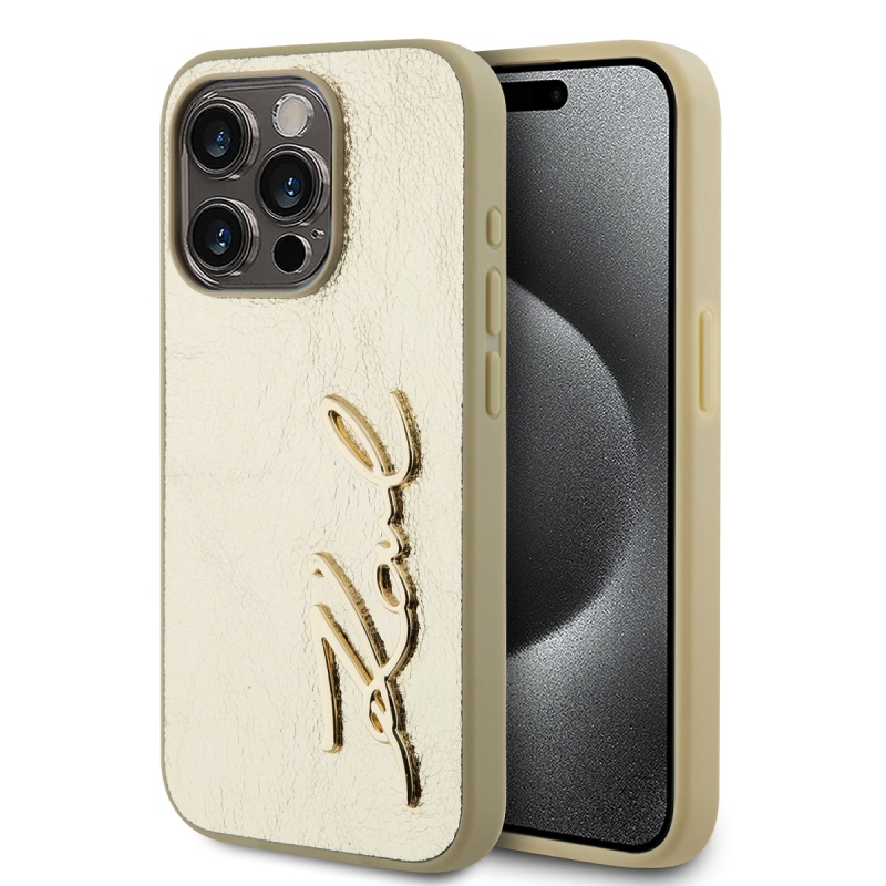 Karl Lagerfeld gyűrött PU aláírás logós hátlap iPhone 15 Pro Max arany színűre