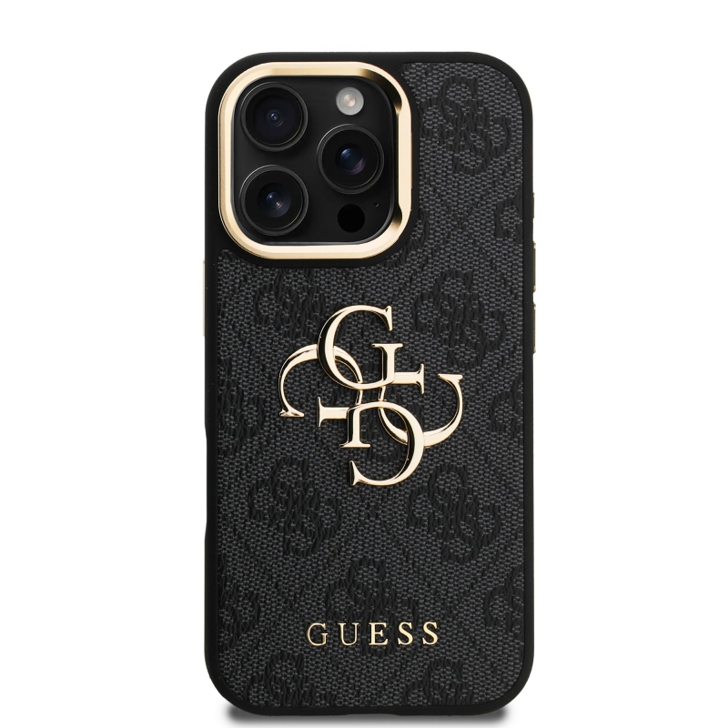 Guess PU 4G fém logó állvány kamera keret hátsó borító iPhone 16 Pro Max-hoz fekete