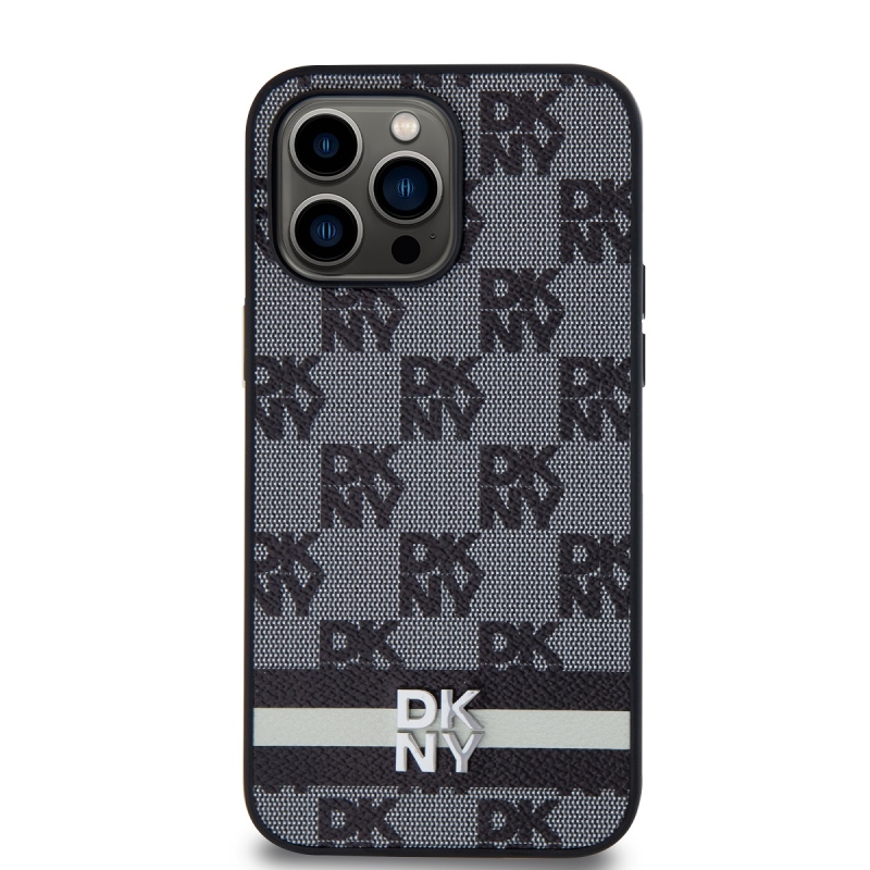 DKNY PU bőr kockás mintás és csíkos hátlapi borító iPhone 15 Pro Max-hoz Fekete