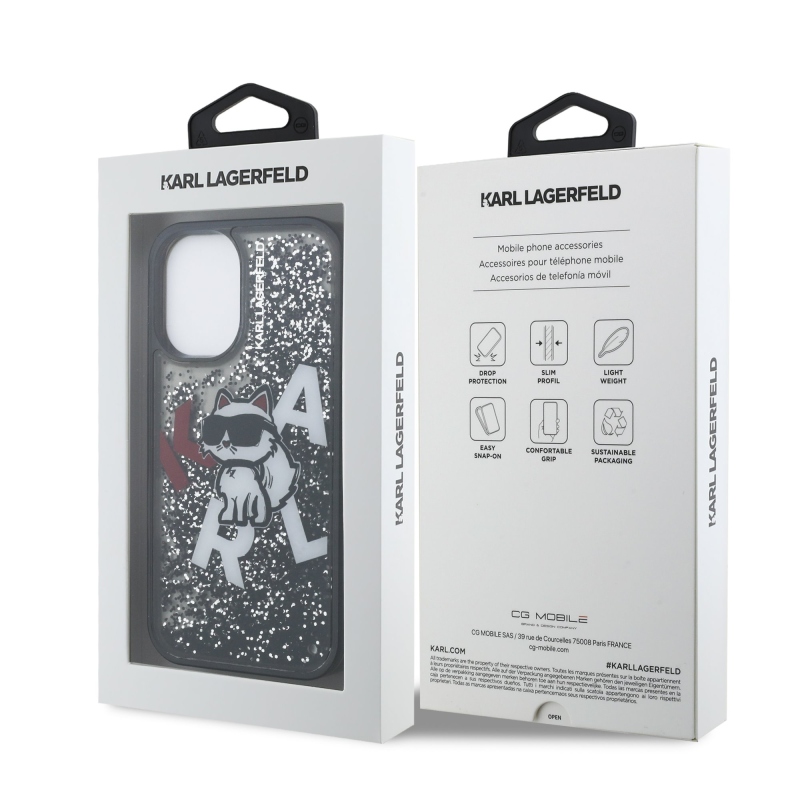 Karl Lagerfeld Folyékony csillámporos, szétszórt Choupette hátlap iPhone 16-hoz Fekete