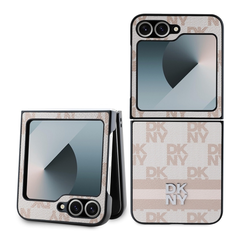 DKNY PU bőr kockás mintás és csíkos hátsó borító Samsung Galaxy Z Flip 6 rózsaszínűhöz