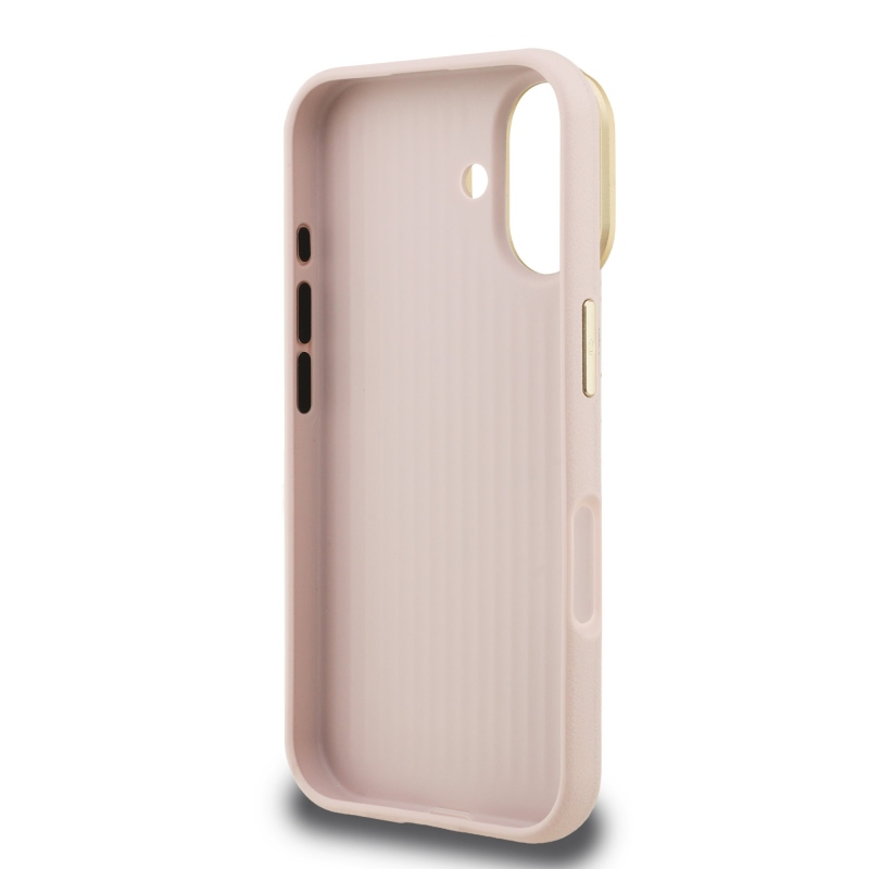 Guess PU szemcsés 4G Logo Stand Kamera keret hátlapi borító iPhone 16 rózsaszínhez