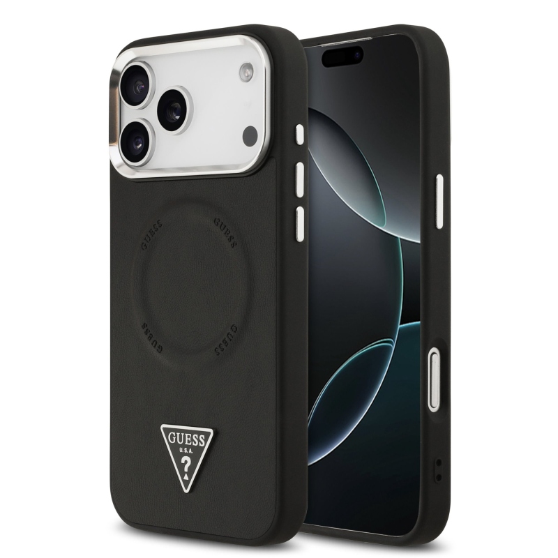 Guess PU bőr háromszög logó MagSafe hátlap iPhone 17 Pro fekete