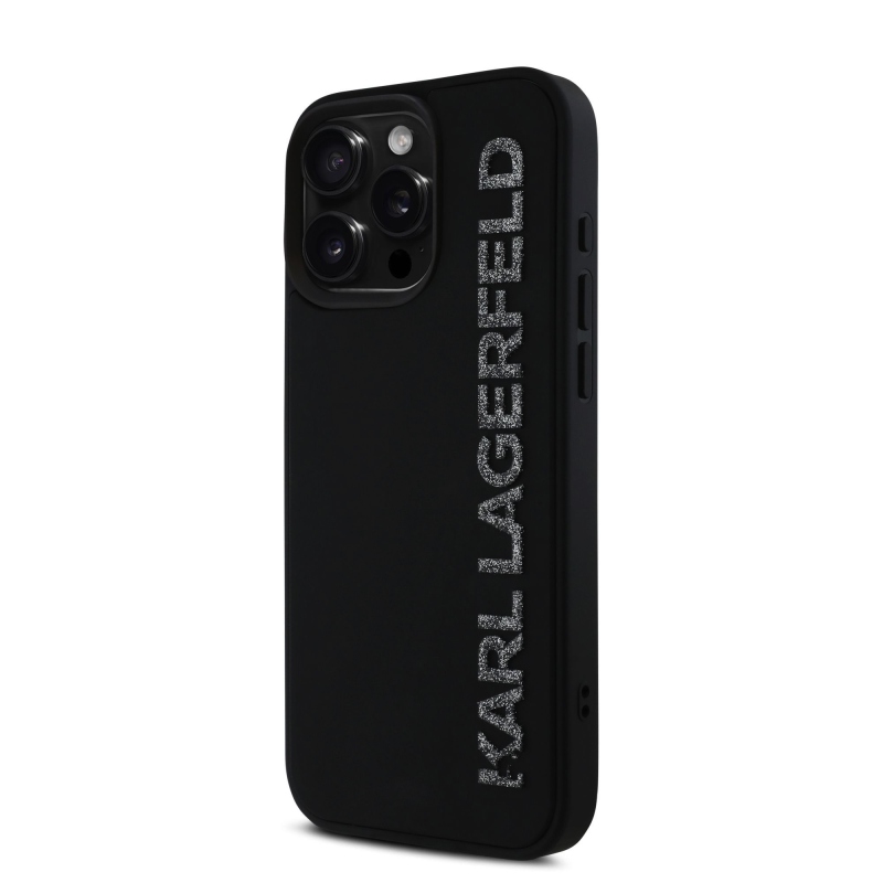 Karl Lagerfeld 3D gumiból készült, csillogó logós hátlap iPhone 16 Pro-hoz Fekete