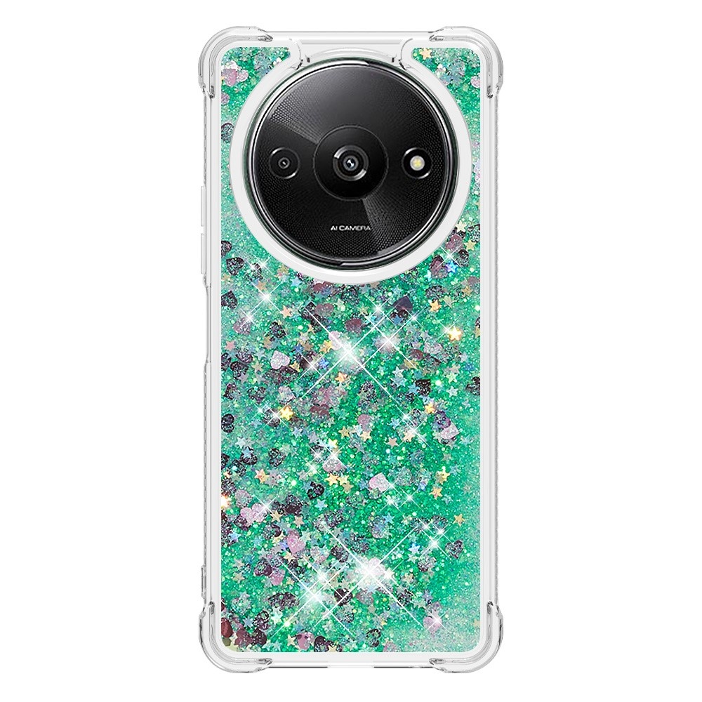 Glitter zselés homokóra tok Xiaomi Redmi A3-hoz - zöld/szívek