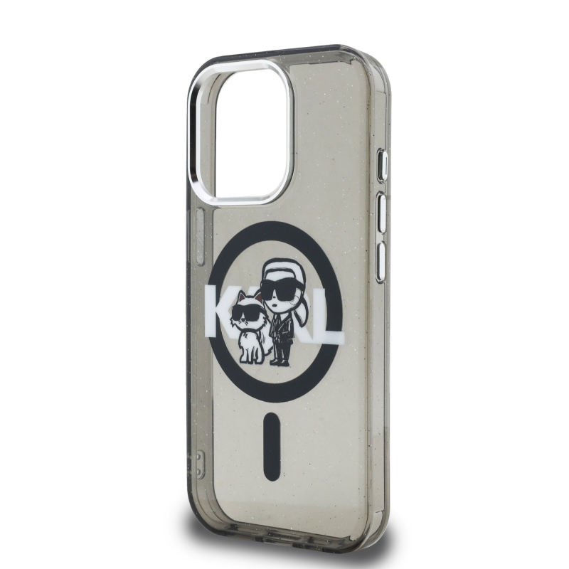 Karl Lagerfeld IML Glitter Karl és Choupette Sketch MagSafe hátlapi borító iPhone 15 Pro-hoz Fekete
