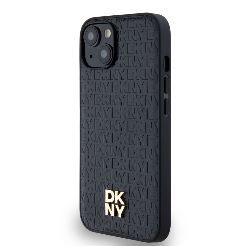 DKNY PU bőr Ismétlődő mintás Stack Logo Magsafe hátlap iPhone 15 Fekete