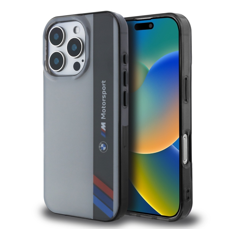 BMW IML Motorsport függőleges csíkos hátlap iPhone 16 Pro Max készülékhez Szürke