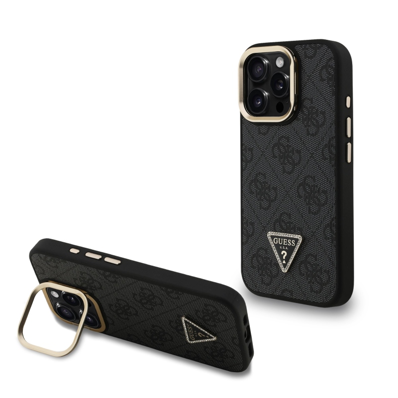 Guess PU 4G Strass háromszög logó állvány kamerakeret MagSafe hátlapi borító iPhone 15 Pro Fekete