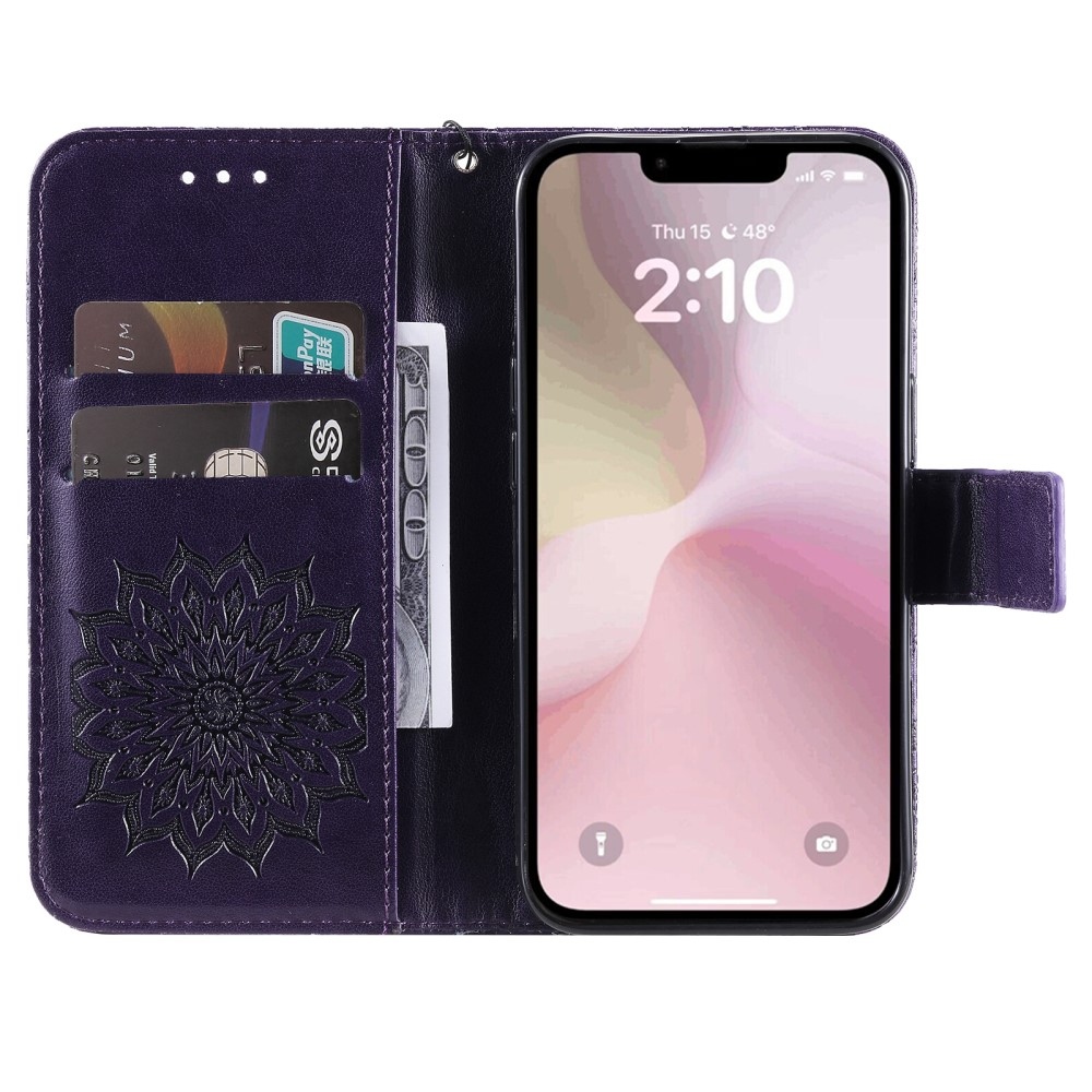 Napraforgó könyvtáska iPhone 16e készülékhez - sötétlila