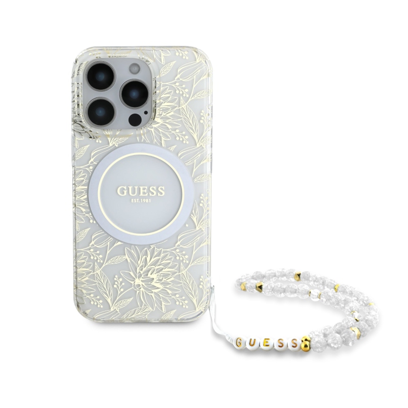 Guess IML Virágok Allover Strap MagSafe hátlapi borító iPhone 16 Pro Max fehérhez