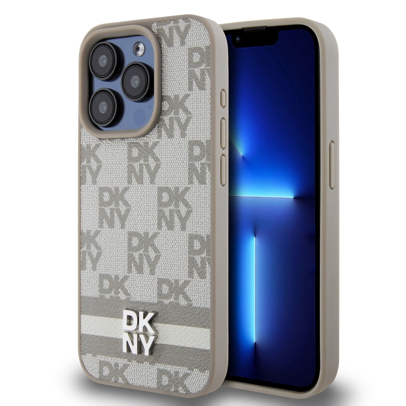 DKNY PU bőr kockás mintás és csíkos hátlapi borító iPhone 13 Pro bézs színű készülékhez