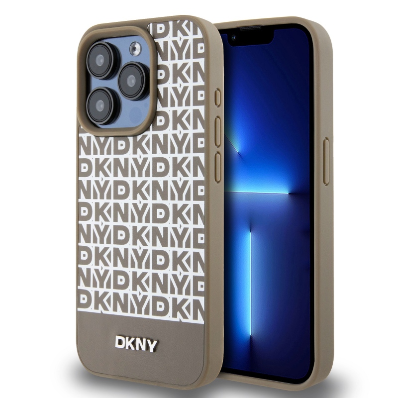 DKNY PU bőr Ismétlődő mintás alsó csík MagSafe hátlap iPhone 12/12 Pro barna színű iPhone 12/12 Pro számára